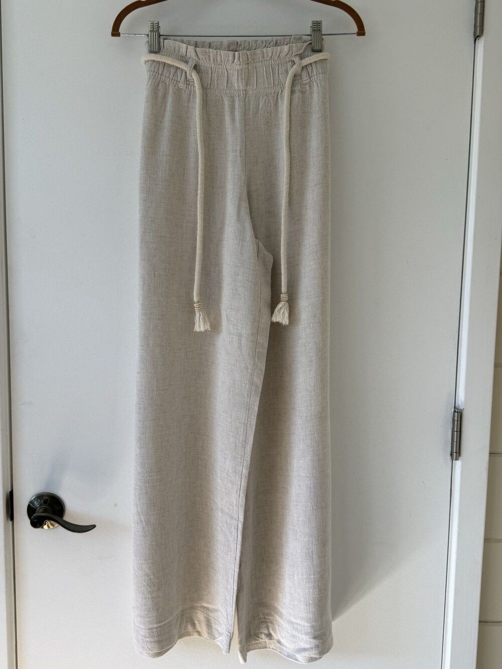 Linen Pants Rope Belt Tassel Wide Leg Beige Natural Coastal Cottage Beach Small